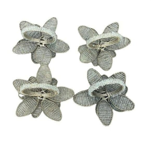 Beaded Clear Flower Napkin Rings set of 4 Crystal silver table scape - Picture 3 of 6